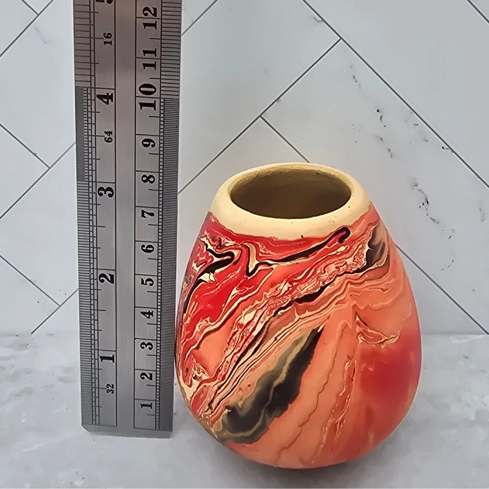 Nemadji Native American Clay Pottery Marbled Swirl Vases Set of 2 Red Orange Tan